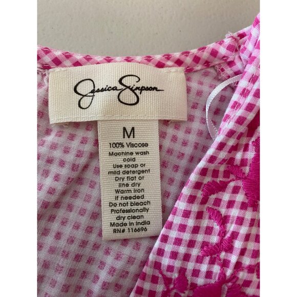 Pink Gingham Jessica Simpson Dress Embroidered Details & Ruffled Hem Medium - Picture 3 of 9